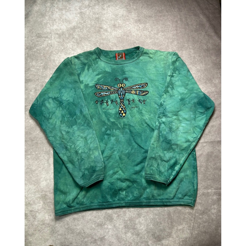 Dagoli Painted Dragonfly Sweatshirt Mens Medium Green Tie Dye Graphic Vintage